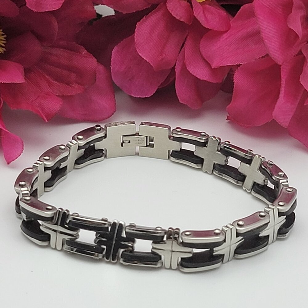 Men Stainless Steel Bicycle Chain Bracelet 8 Inch Black Rubber Biker Steampunk